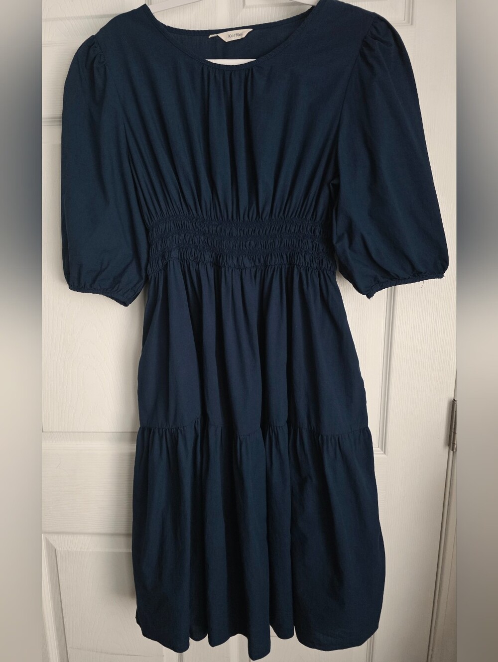 KorMei Navy Blue Smocked Puff Sleeve Prairie Cotton Midi Dress with Pockets XL